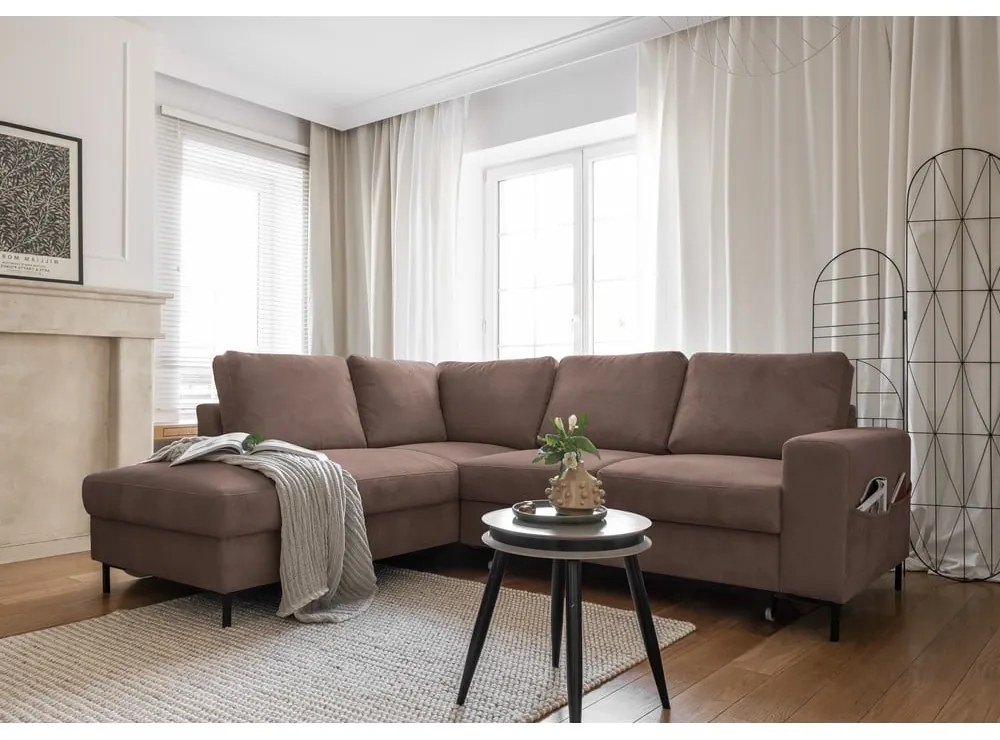 Кафяв разтегателен ъглов диван от рипсено кадифе (ляв ъгъл) Lofty Lilly – Miuform