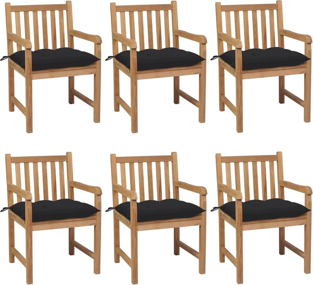 3073053 vidaXL Градински столове 6 бр с черни възглавници тиково дърво масив