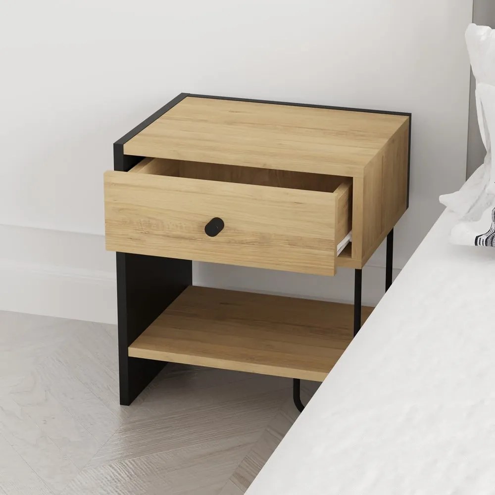Нощно шкафче с рафтове от черен/естествен дъб Saturne - Marckeric