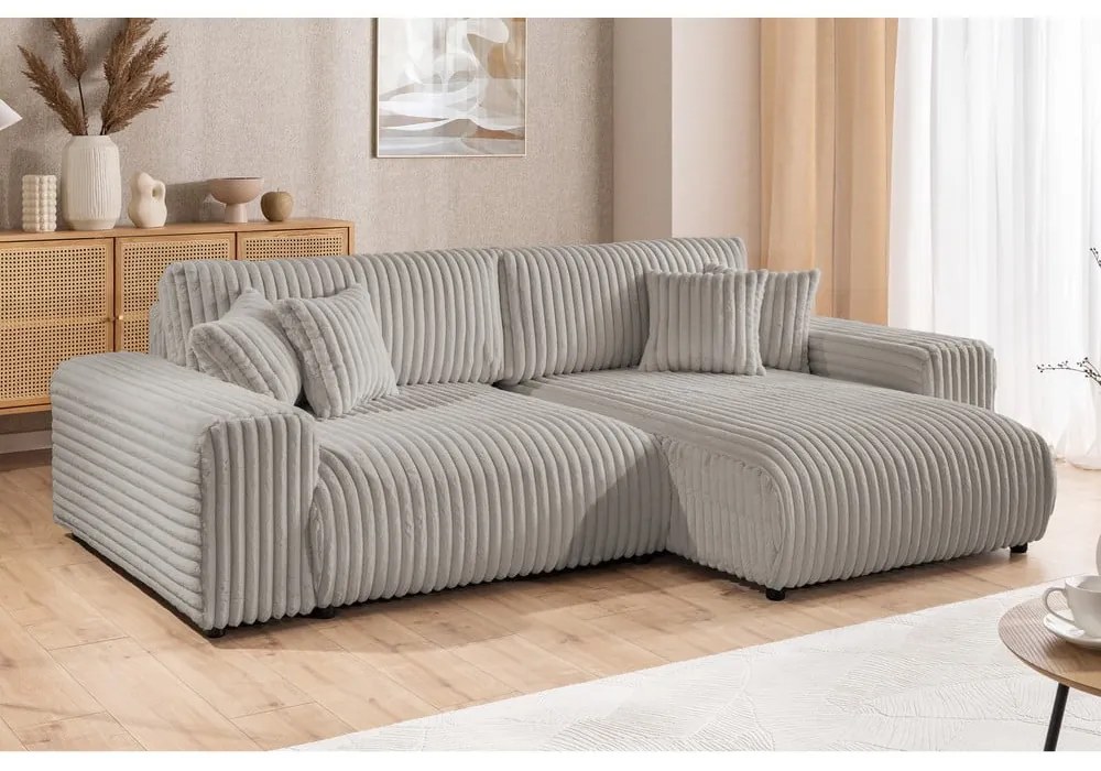 Светлосив разтегателен ъглов диван от рипсено кадифе с място за съхранение (десен ъгъл) Sarina – Ropez