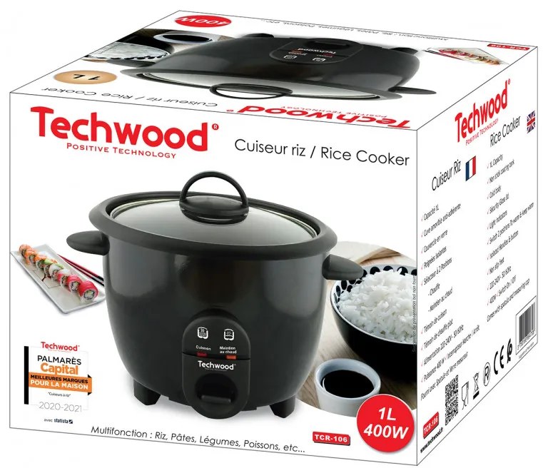 Уред за варене на ориз Techwood TCR-106, 400W, 1 л, Поддържане на топлината, Черен
