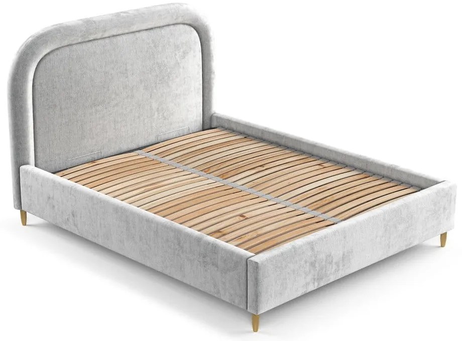 Светлосиво тапицирано двойно легло с място за съхранение с включена подматрачна рамка 180x200 cm Mija – Maison de Rêve
