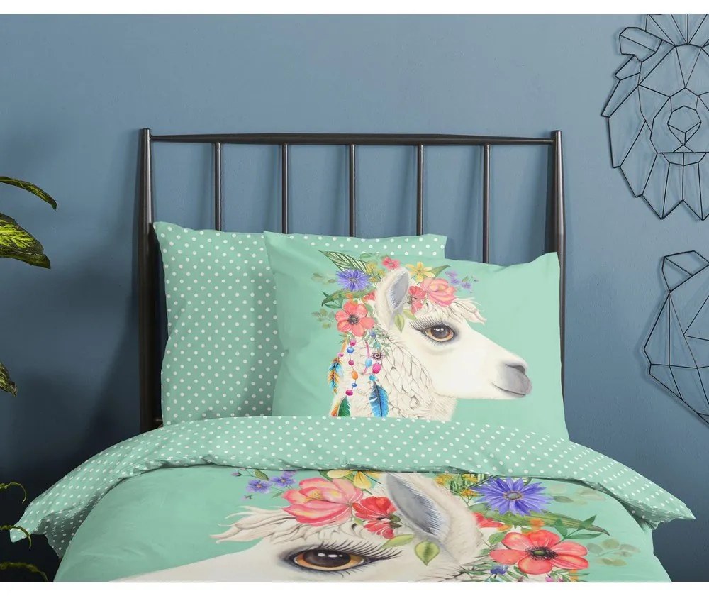 Единично удължено памучно детско спално бельо в цвят мента 140x220 cm Joey – Good Morning