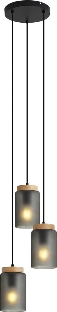 Модерен висящ лампион черен с дърво и матово сиво стъкло 3 светлини - Umbra