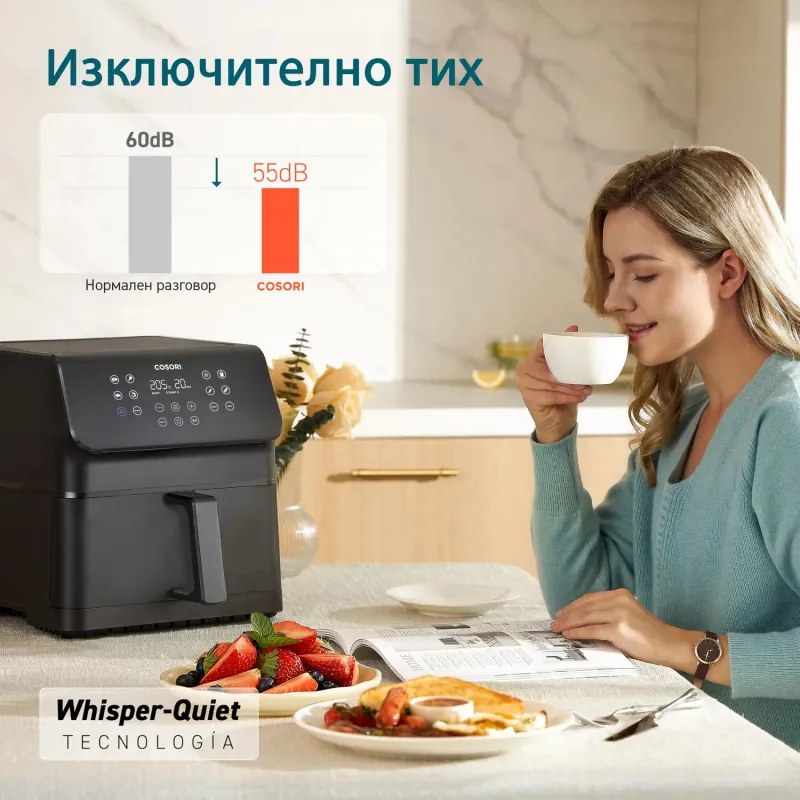 Фритюрник с горещ въздух Cosori Premium II CAF-P651-KEUR, 6.2 л, 11 програми, Таймер, AirWhisper, Черен