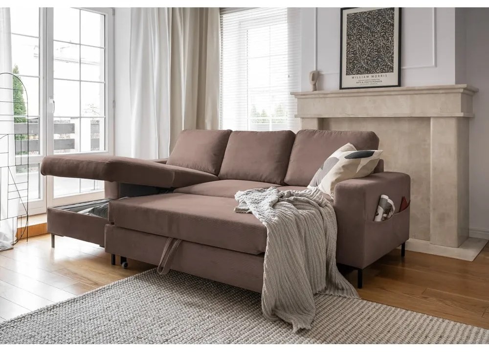 Кафяв разтегателен ъглов диван от рипсено кадифе (ляв ъгъл) Lofty Lilly – Miuform