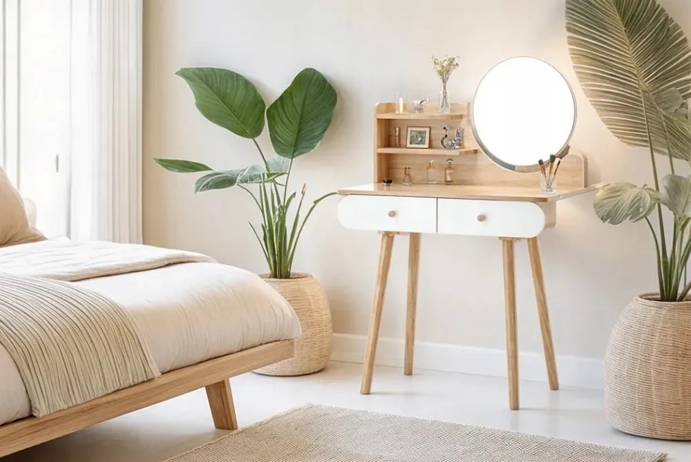 Козметична тоалетка с огледало и дървени чекмеджета
