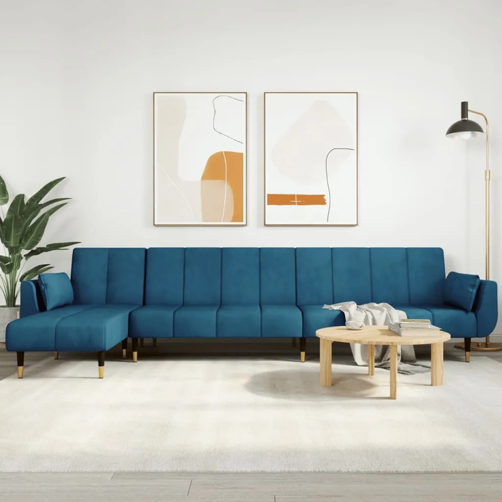 3157205 vidaXL Г-образно разтегателно канапе синьо 275x140x70 см кадифе