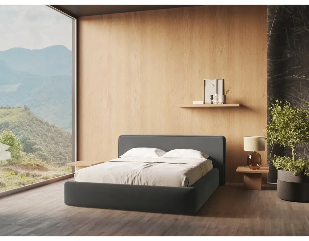 Тъмносиво двойно тапицирано легло с място за съхранение и включена подматрачна рамка 160x200 cm Kiana – Makamii