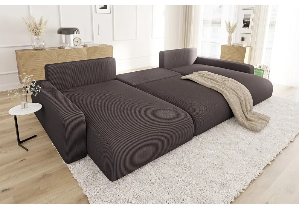 Кафяв ъглов диван с място за съхранение от рипсено кадифе Sara – Ropez