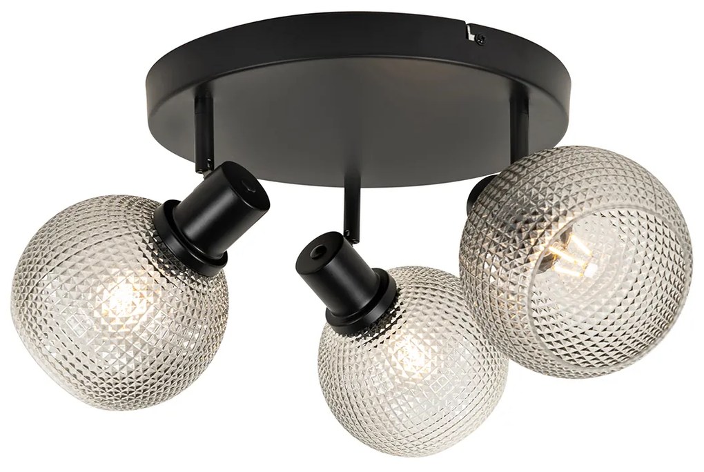 Дизайнерски прожектор черен с опушено стъкло 3-светлина кръгъл - Chico