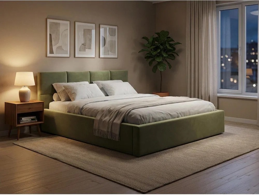 Зелено кадифено двойно легло 140x200 cm тапицирано с място за съхранение и включена подматрачна рамка Hiko – Makamii