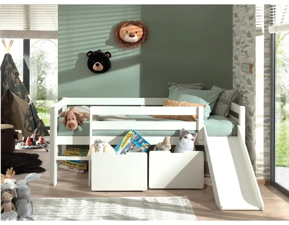 Бяло детско повдигнато легло с пързалка , 90 x 200 cm Pino - Vipack