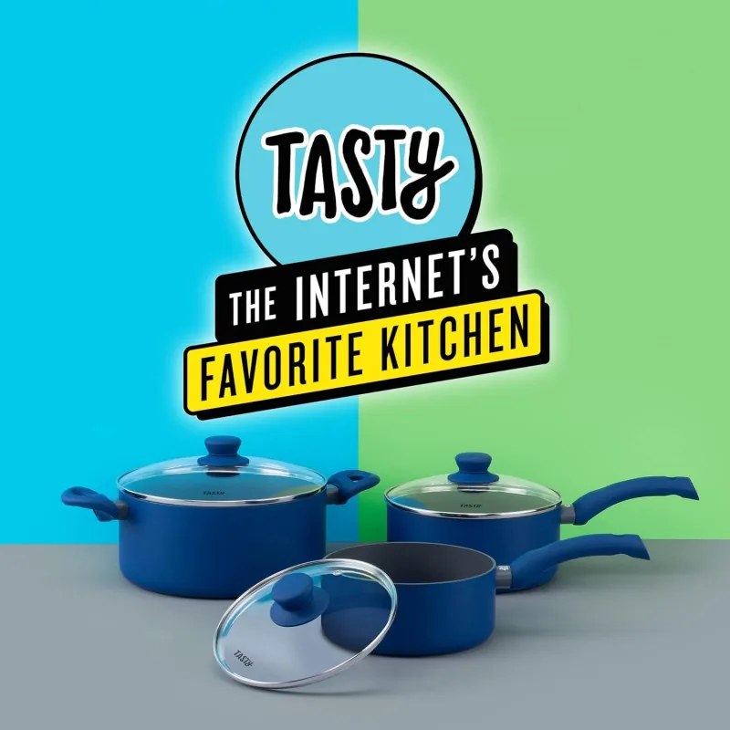 Втора ръка: Касерола със стъклен капак Tasty Everyday 678556, 18 см, 1.8 л, Индукция, Алуминий, Незалепващо покритие, Син