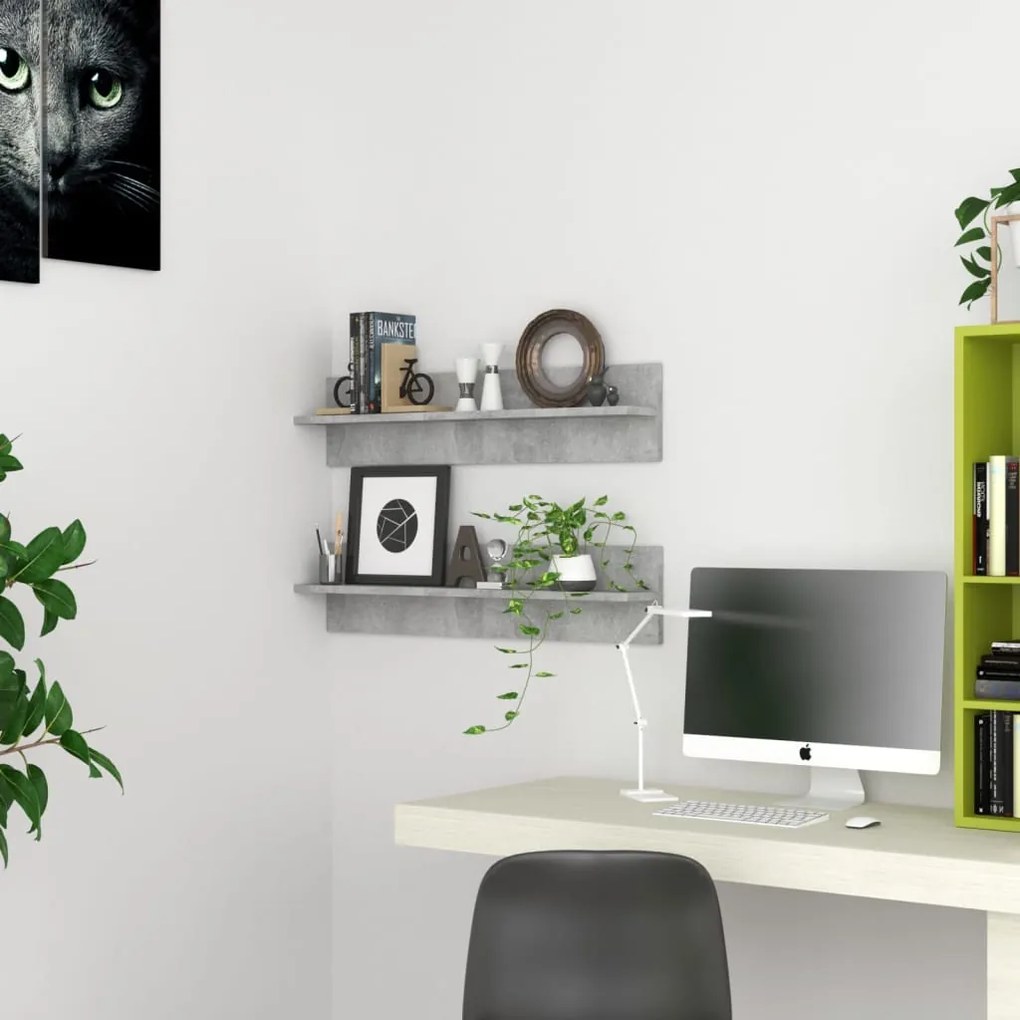 807341 vidaXL Стенни рафтове 2 бр, бетонно сиви 80x11,5x18 см инженерно дърво