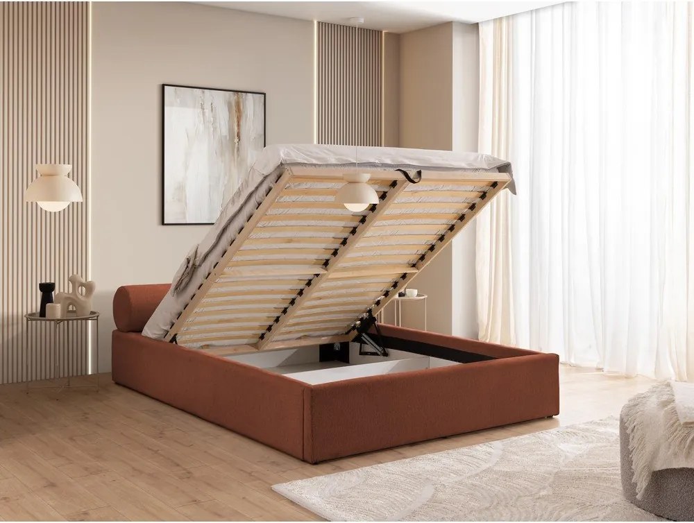 Теракотено тапицирано двойно легло с място за съхранение и включена подматрачна рамка 160x200 cm Cille – Ropez