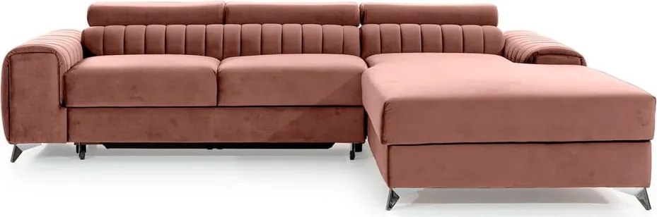 Розов кадифен разтегателен ъглов диван с място за съхранение (десен ъгъл) Grayson – ELTAP