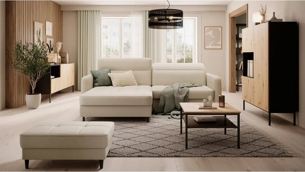 Бежов кадифен разтегателен ъглов диван с място за съхранение (ляв ъгъл) Gomsi – ELTAP