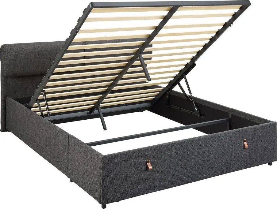 Тъмносиво двойно тапицирано легло с място за съхранение и включена подматрачна рамка 160x200 cm Calvi – Actona