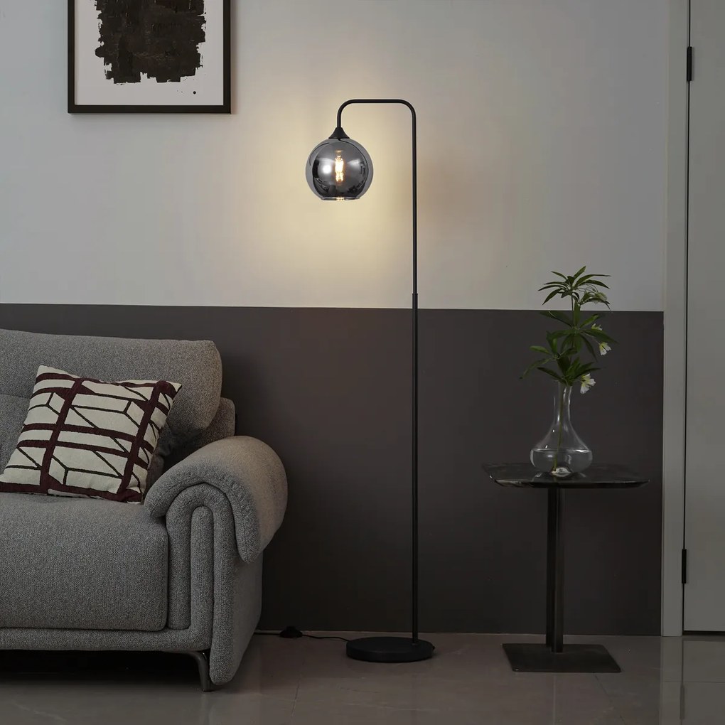 Арт Деко подова лампа черна с димно стъкло - Sandra