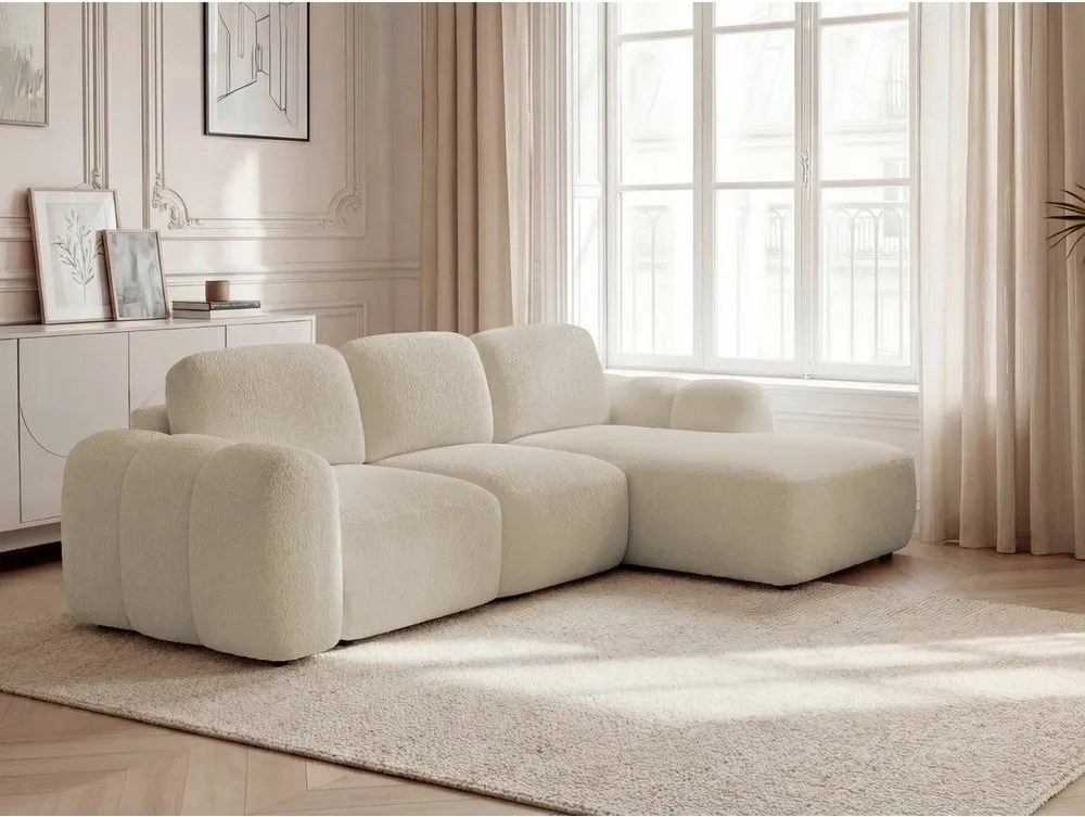 Бежов сгъваем/с място за съхранение ъглов диван от прежда с примки от букле (десен ъгъл) Montaigne – Bobochic Paris