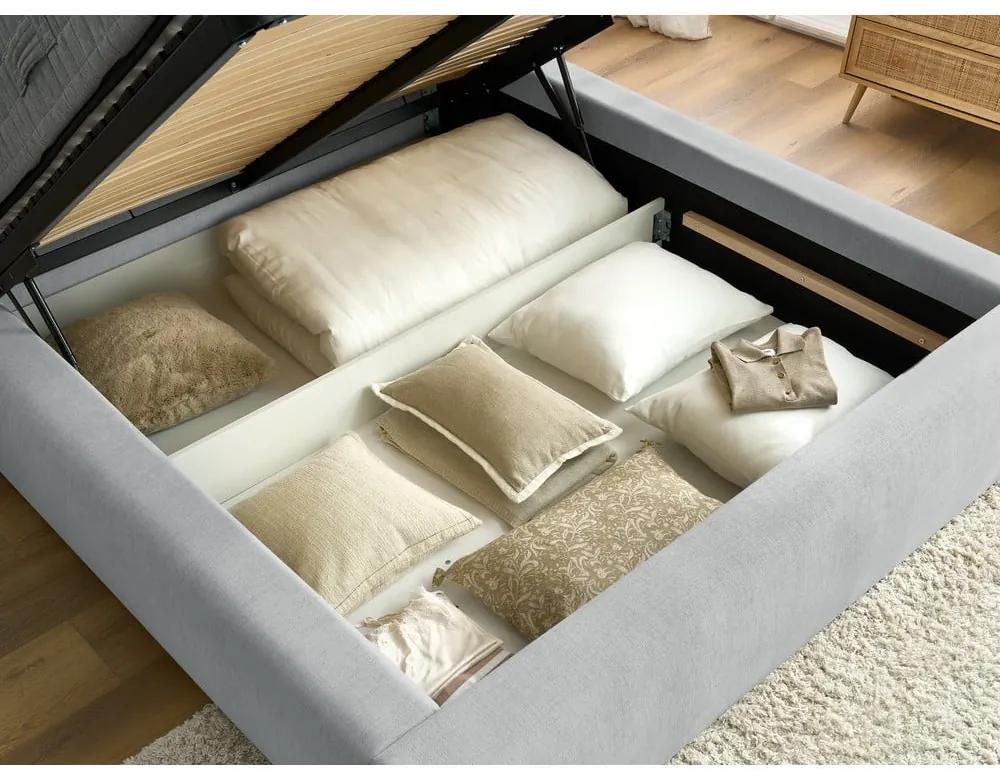 Светлосиво тапицирано двойно легло с място за съхранение с решетка 180x200 cm Jagna - Bobochic Paris