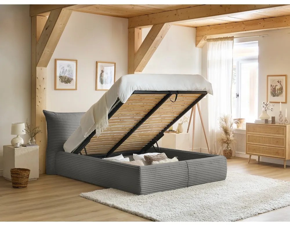 Сиво двойно тапицирано легло с място за съхранение с включена подматрачна рамка 160x200 cm Jade – Bobochic Paris