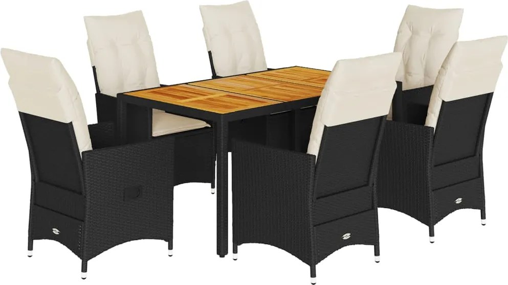 3276683 vidaXL Градински трапезен комплект 7 части възглавници черен полиратан