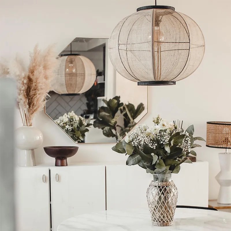 Ориенталска висяща лампа кафяв плат 48 см - Rob