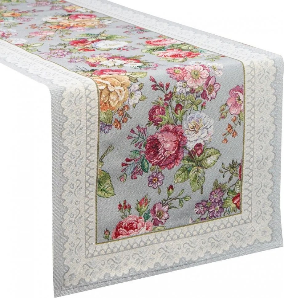 Сива гобленова покривка с романтичен модел на цветя Ширина: 140 см | Дължина: 180 см