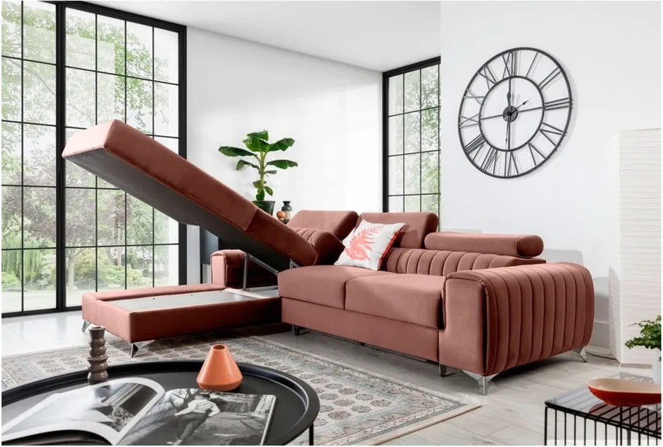 Розов кадифен разтегателен ъглов диван с място за съхранение (ляв ъгъл) Grayson – ELTAP