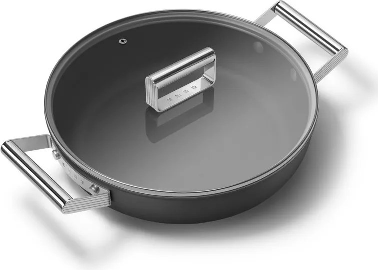 Плитка тенджера с капак Smeg DPF2812BLM, 28 см, 4.3 л, Керамично незалепващо покритие, Фурна до 250C, Без PFAS, Индукция, Черен