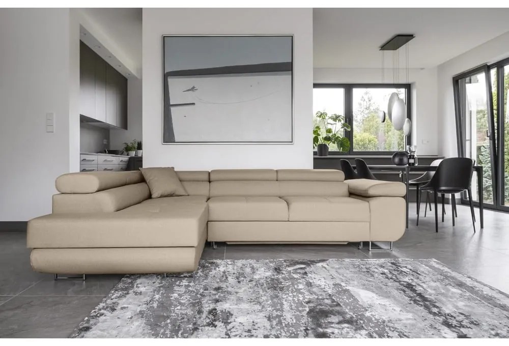 Бежов разтегателен ъглов диван с място за съхранение (ляв ъгъл L форма) Anton – ELTAP