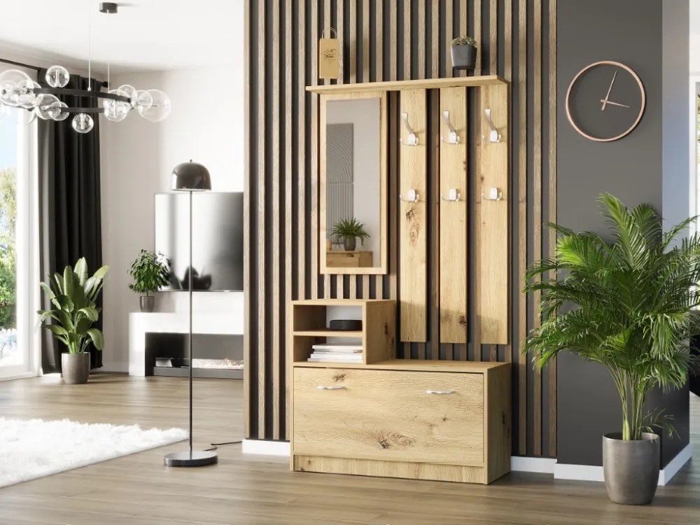 Практичен гардероб за антре с огледало и поставка за обувки 90 x 160 cm artisan