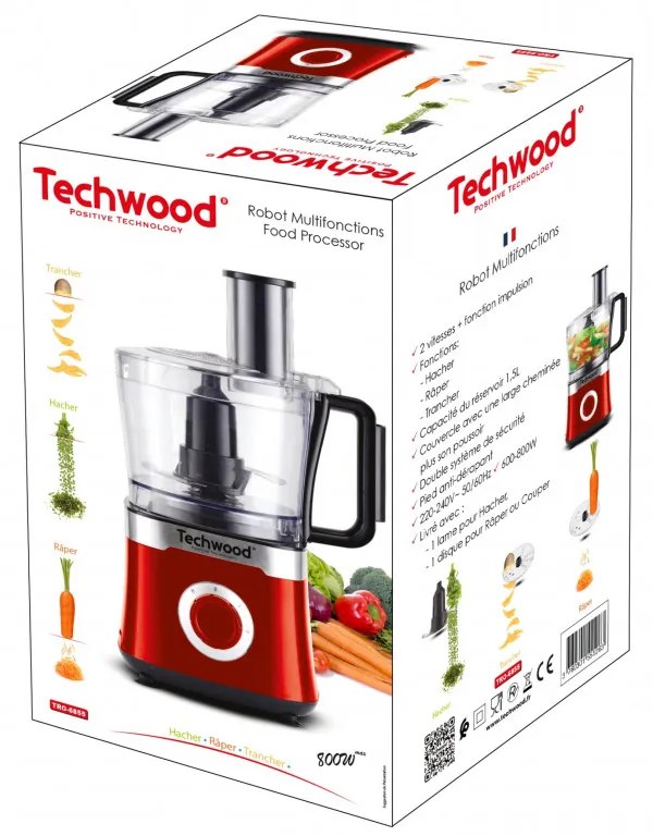 Кухненски робот Techwood TRO-6855, 800W, 1.5L, 2 скорости, Пулс функция, Нехлъзгащи се крачета, Червен