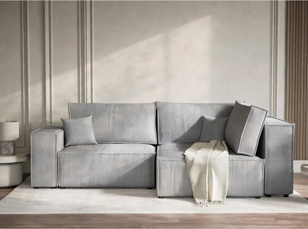 Сив сгъваем/с място за съхранение ъглов диван от рипсено кадифе (десен ъгъл/L форма) Tonga – Maison de Rêve