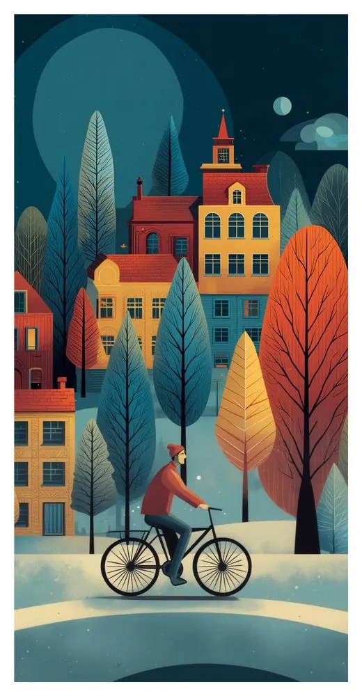 Картина на платно – Колоездач в зимния град