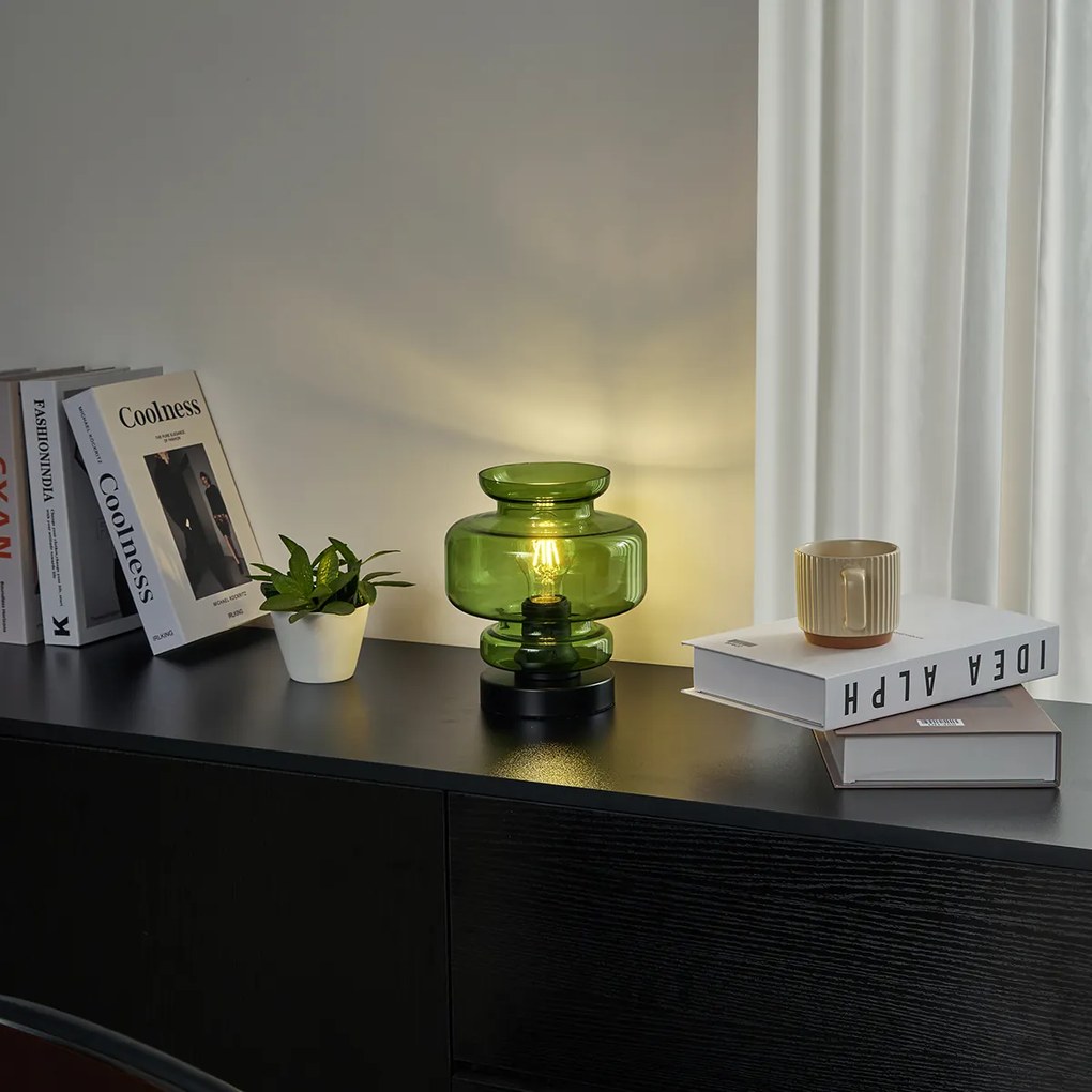 Ретро настолна лампа черна със зелено стъкло - Denise