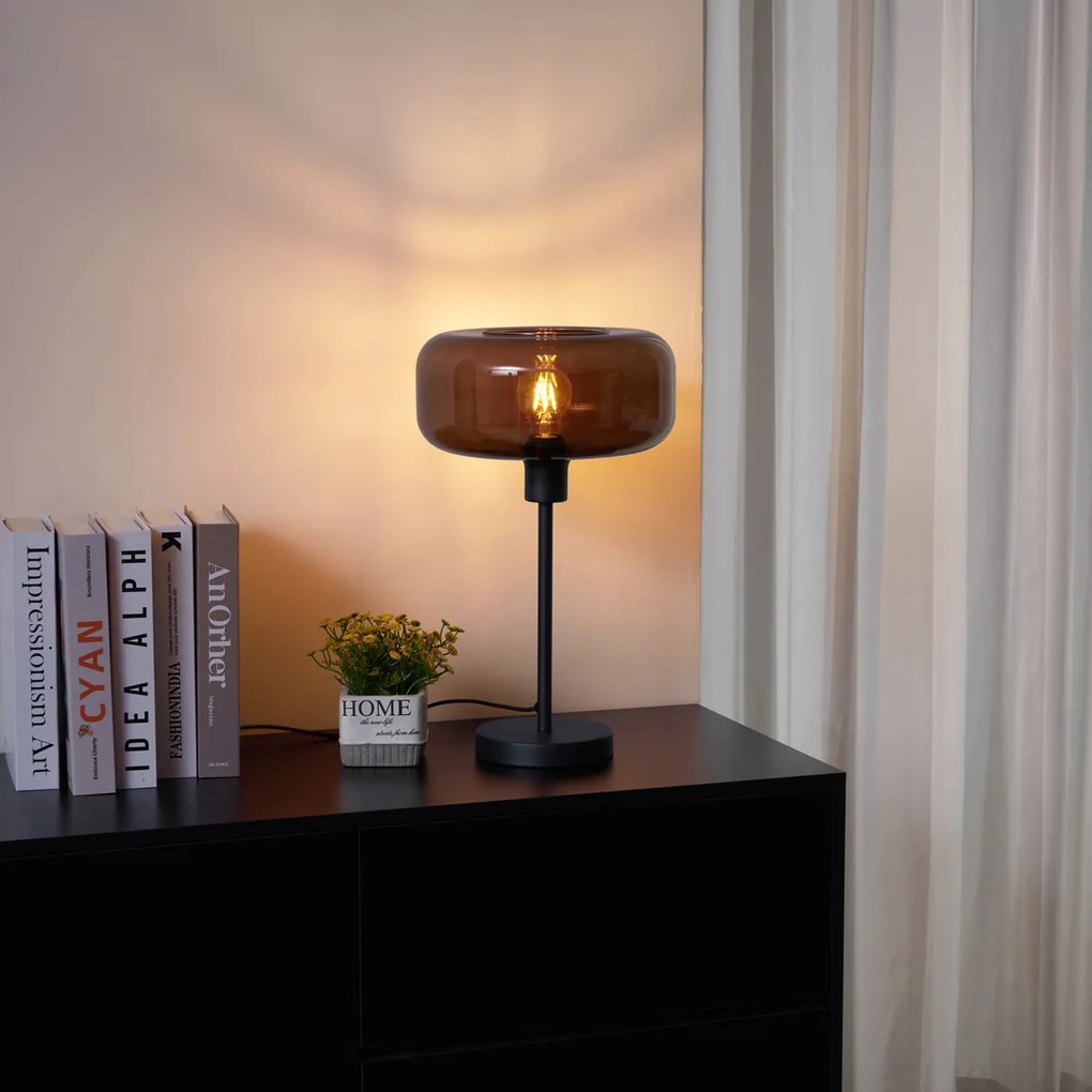 Ретро настолна лампа черна с бронзово стъкло - Bizle
