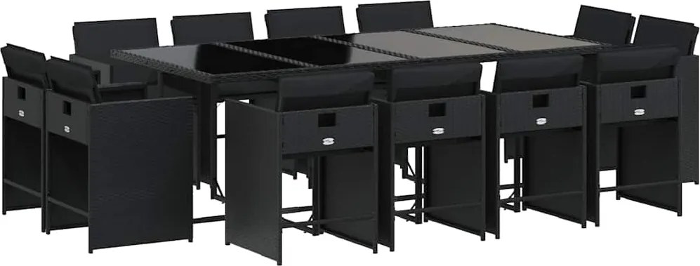 3211219 vidaXL Външен трапезен комплект 13 части с възглавници черен полиратан