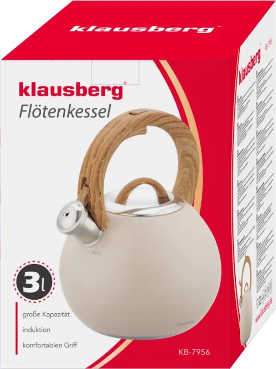 Свирещ чайник Klausberg KB 7956, 3l, Термоизолирана дръжка, Многослойно дъно, Индукция, Бежов
