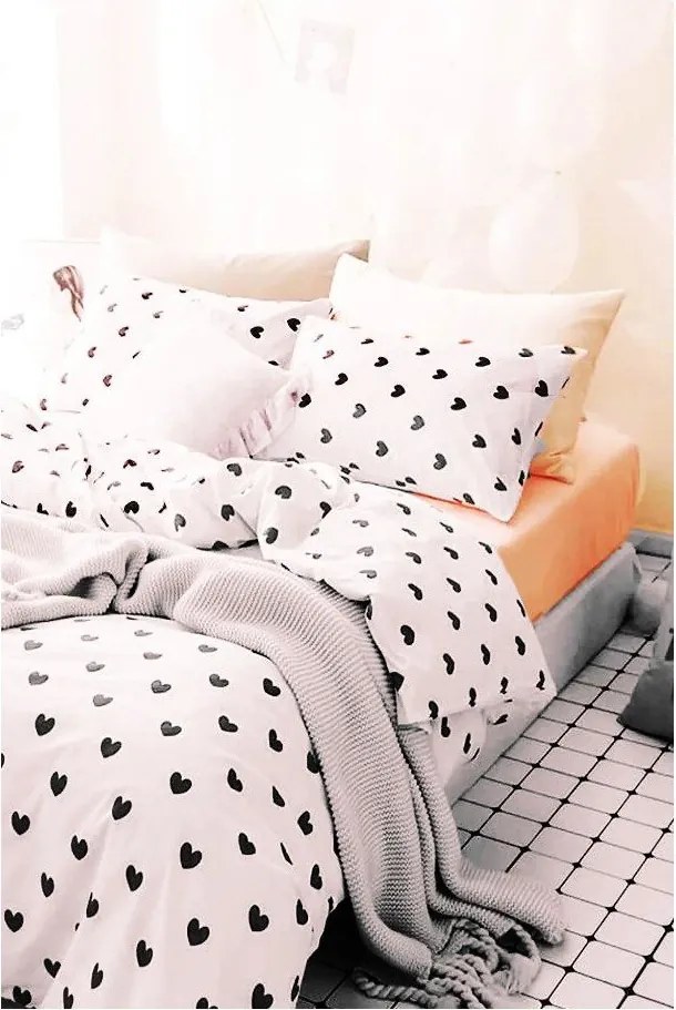 Бяло единично удължено спално бельо от памук Renforcé с включен долен чаршаф 3 части 160x220 cm Mini Hearts – Mila Home