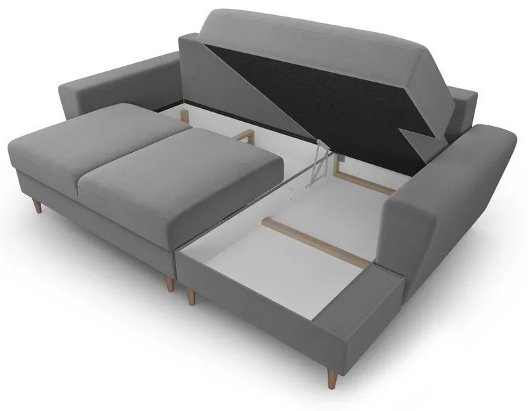 Светлосив кадифен разтегателен ъглов диван с място за съхранение (десен ъгъл) Kyoto – Cosmopolitan Design