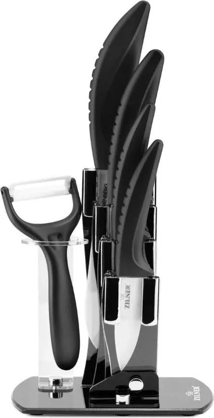 Комплект ножове с поставка ZILNER ZL 5124, 6 части, Белачка, Керамично покритие, Черен