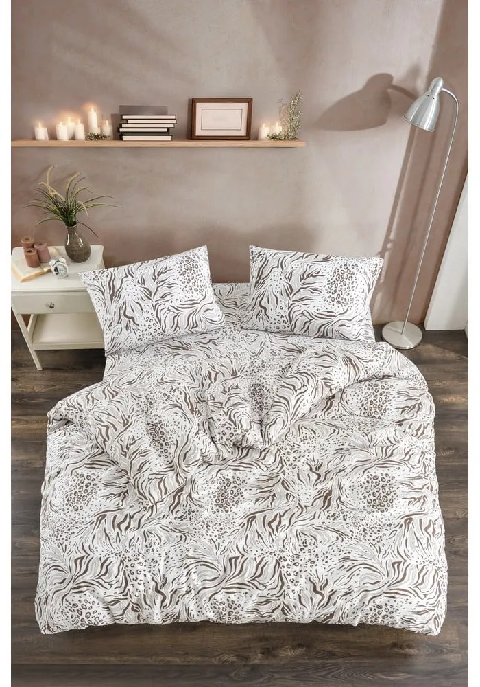 Бяло-кафяво двойно удължено спално бельо с включен долен чаршаф 4 части 200x220 cm Floral – Mila Home