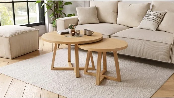 OASIS Естествен дъб - КОМПЛЕКТ 2 КРЪГЛИ ХОЛНИ МАСИ Ø80/60 cm МОДЕРНИ ДЪРВЕНИ