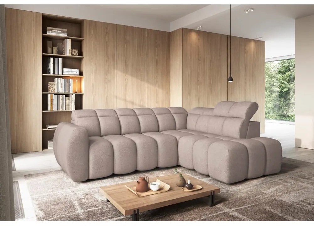 Светлокафяв разтегателен ъглов диван с място за съхранение от букле (десен ъгъл L форма) Falconn – ELTAP