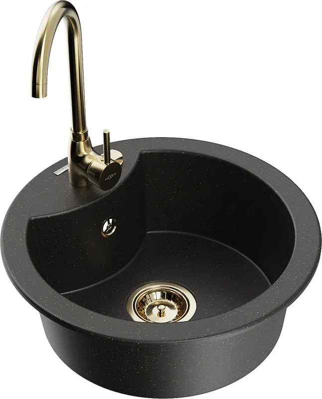 Mexen Diego гранитна мивка с 1 отделение и кухненски смесител Telma, черен/златен - 6512-75-670200-50