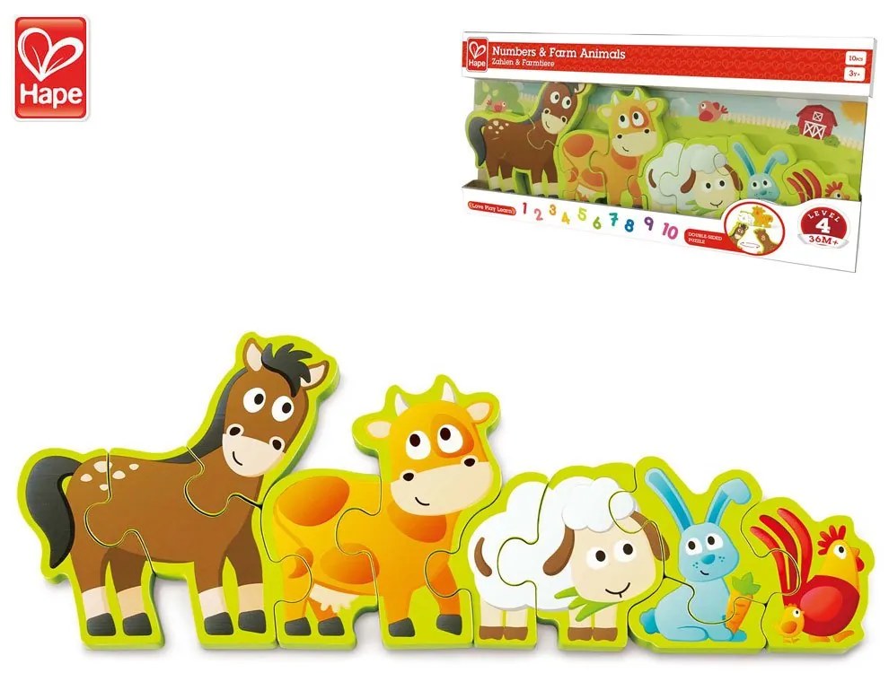 Hape - Дървен пъзел Животните от фермата и цифри H1628