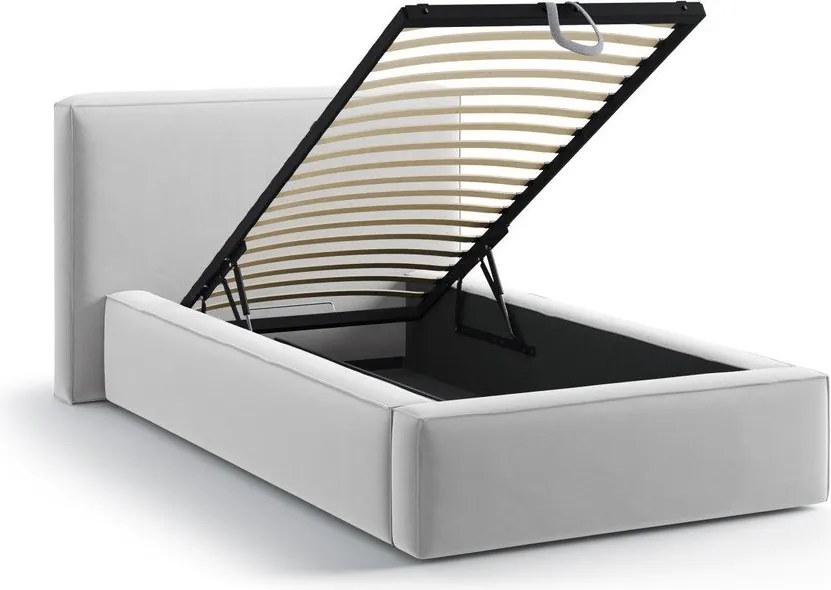 Единично легло 90x200 cm тапицирано с място за съхранение с включена подматрачна рамка в сребрист цвят Jodie – Micadoni